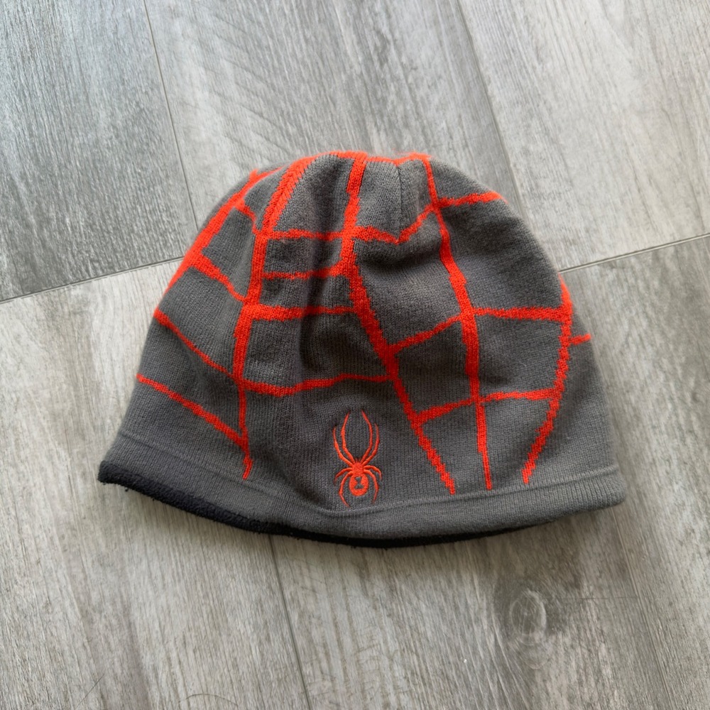 Y2K Spyder Spider Web Beanie Hat One Size Gray Orange Fleece Lined Ski Snowboard